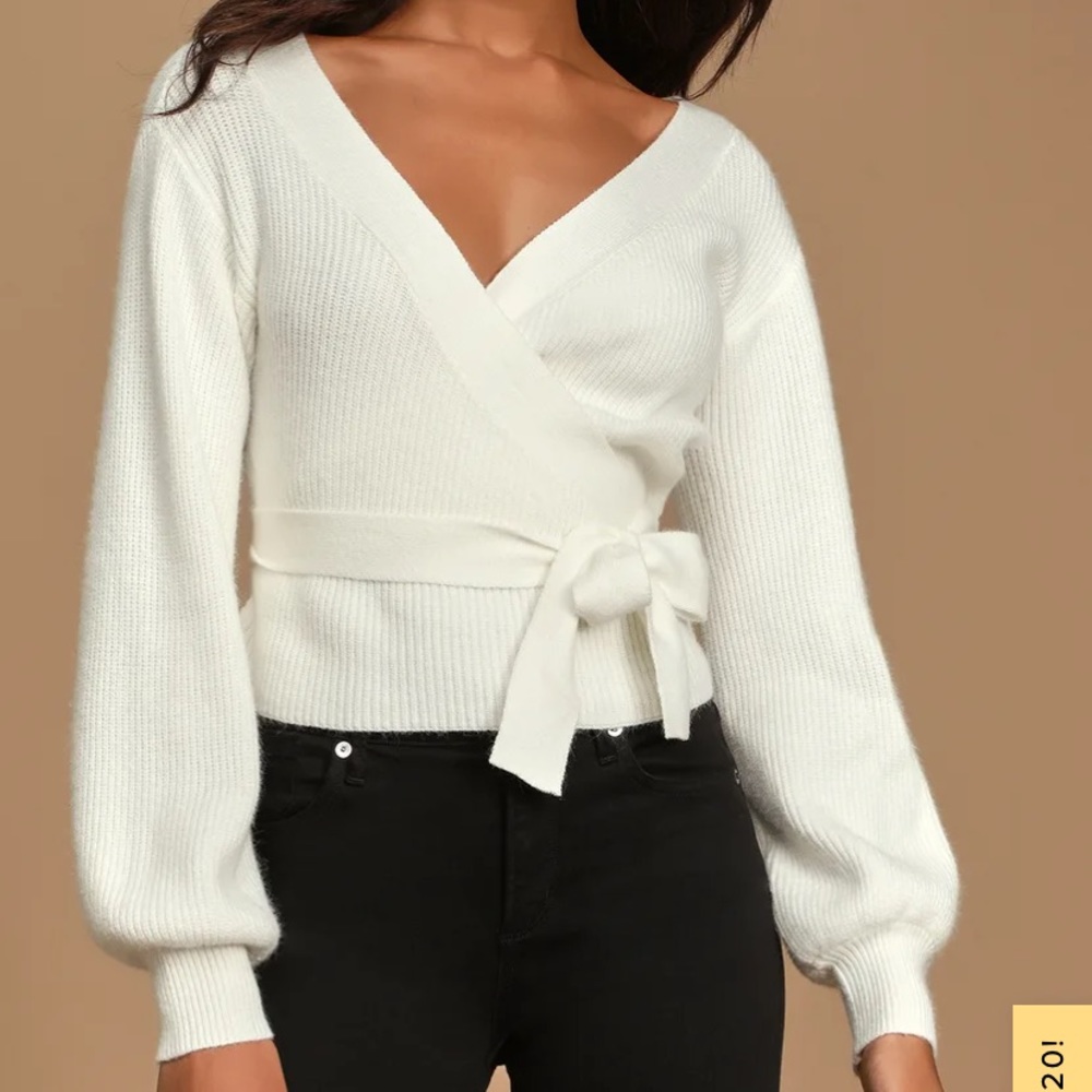 Lulus White Knit Balloon Sleeve Wrap Sweater Top